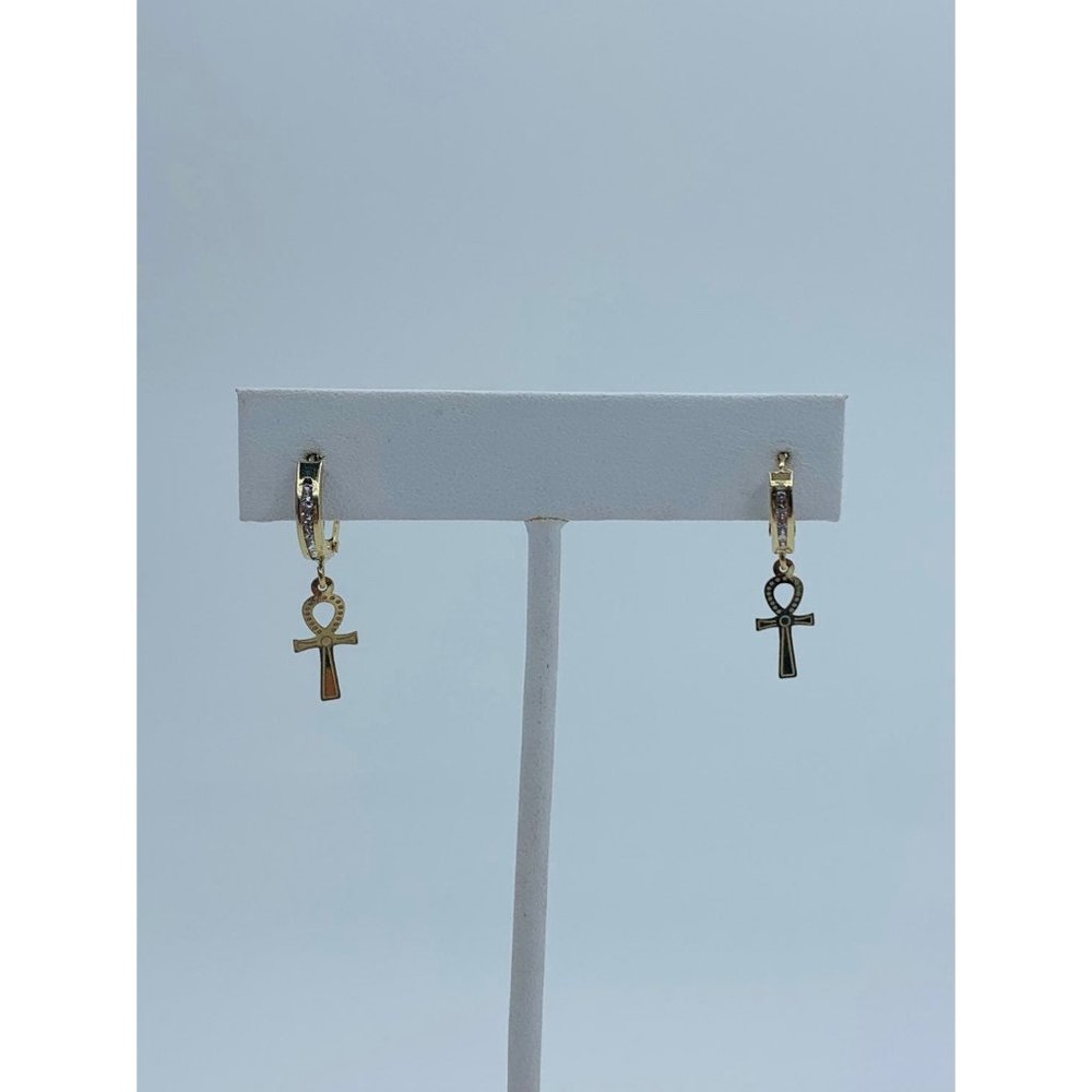 10k Solid Gold Girl Women Huggies Hoops Dangling Cross